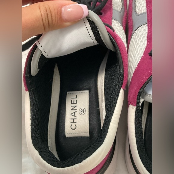 Chanel Mesh Suede Calfskin Womens CC Sneakers 38 White Dark Pink Grey - Picture 9 of 12